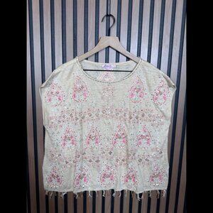 Calypso St Barth Top 0 / XS Womens Beige Sequin Bead Trim Boxy Frayed 100% Linen